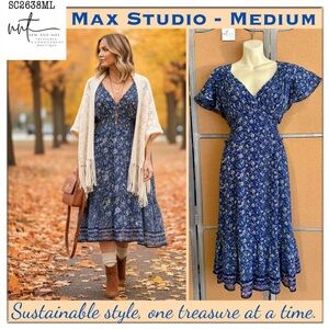 Max Studio Blue Floral Cottagecore Midi Dress Flutter Sleeve Smocked Waist M